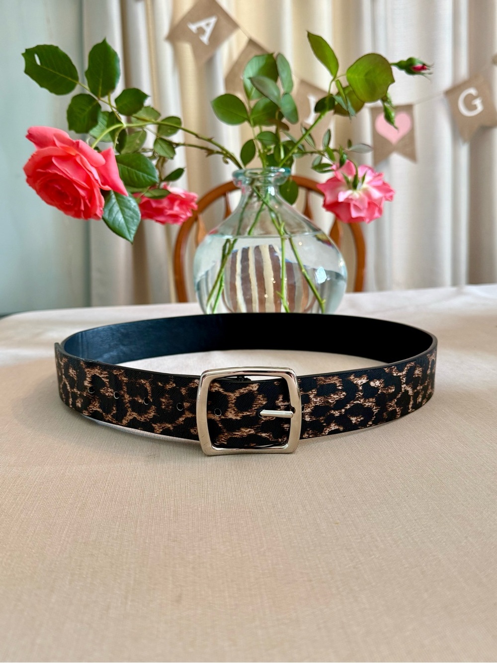 Leopard Print Women’s Belt with Silver Buckle - Black/Tan